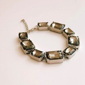 Silver Tone Rectangle Link Bracelet 8" Purple Emerald Cut Stones